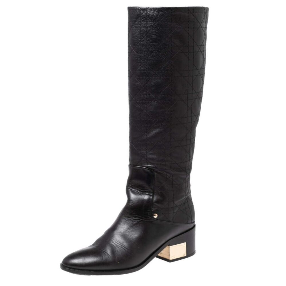 Christian Dior Cannage Riding Boots Black W Gold Plate Heel 38